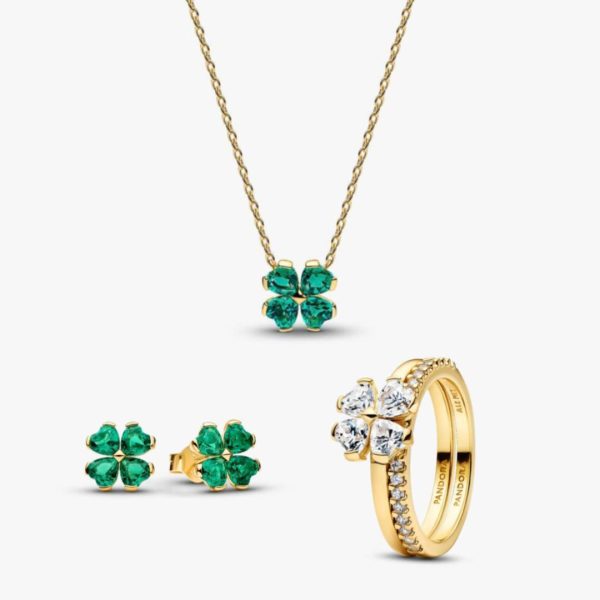 Подарунковий комплект намисто, сережки та каблучка "Конюшина талану" в жовтому золоті